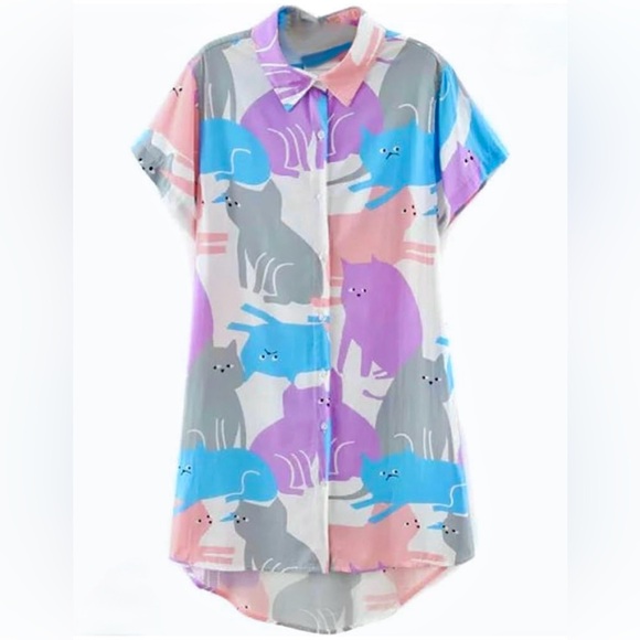 Pastel Cat Print Short Sleeve Collared Button Down Tunic/Shirt Dress Sz. S - Picture 11 of 12